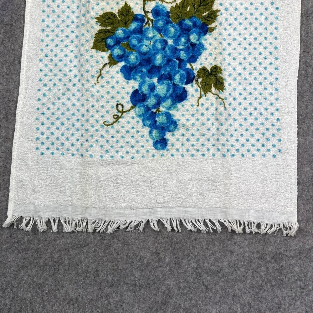 Vintage Town House Kitchen Terry Towel Blue Grapes Polka Dot Fringed 50s MCM USA